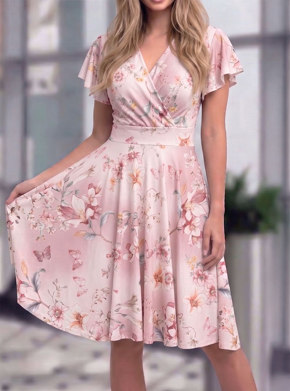 Emily, virág mintás átlapolt ruha (púder)