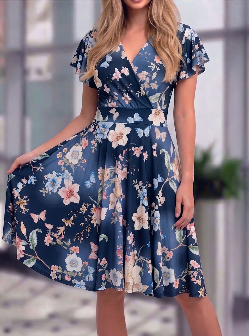 Emily, virág mintás átlapolt ruha (sötétkék)