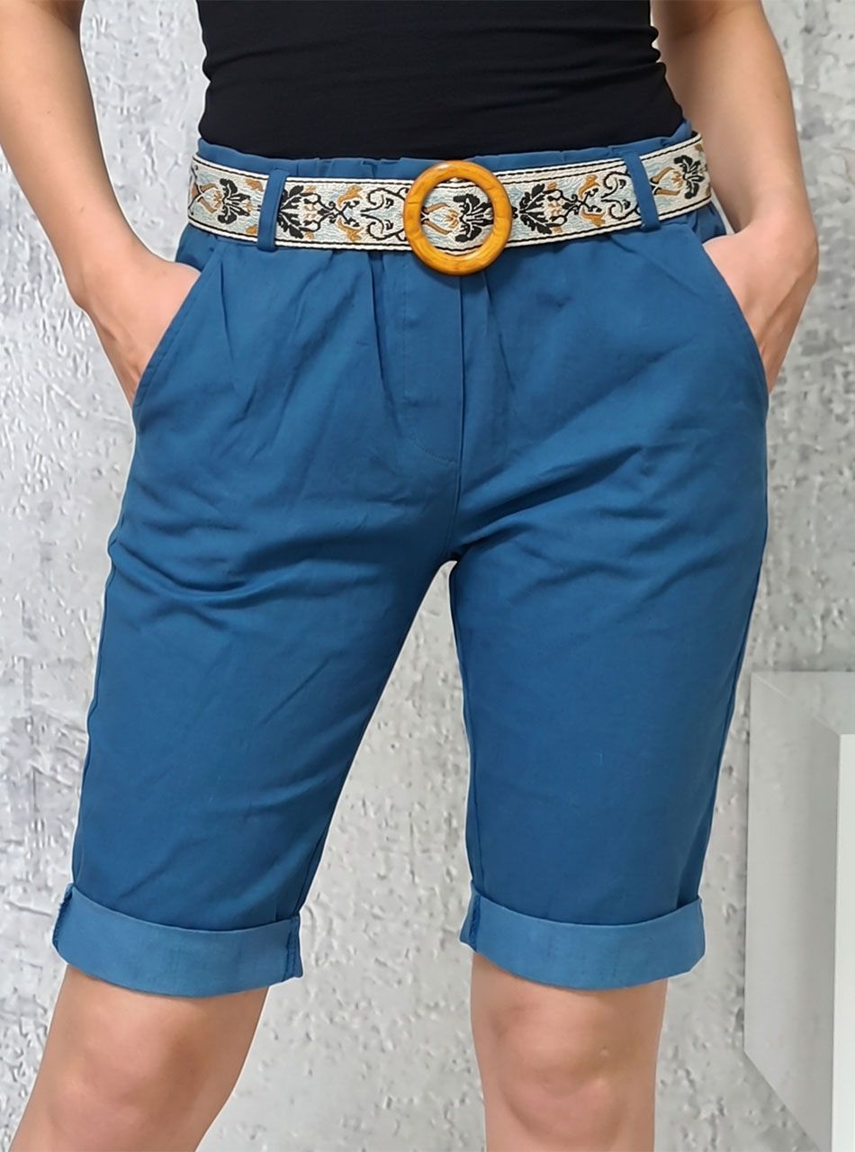 Gumis derekú, zsebes térdnadrág mintás övvel (petrol)