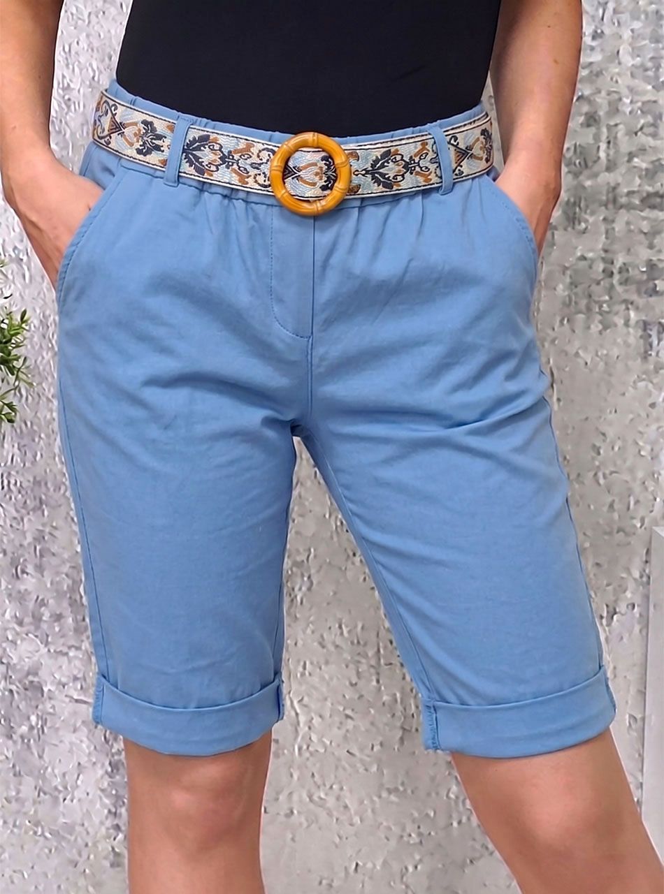 Gumis derekú, zsebes térdnadrág mintás övvel (farmerkék)