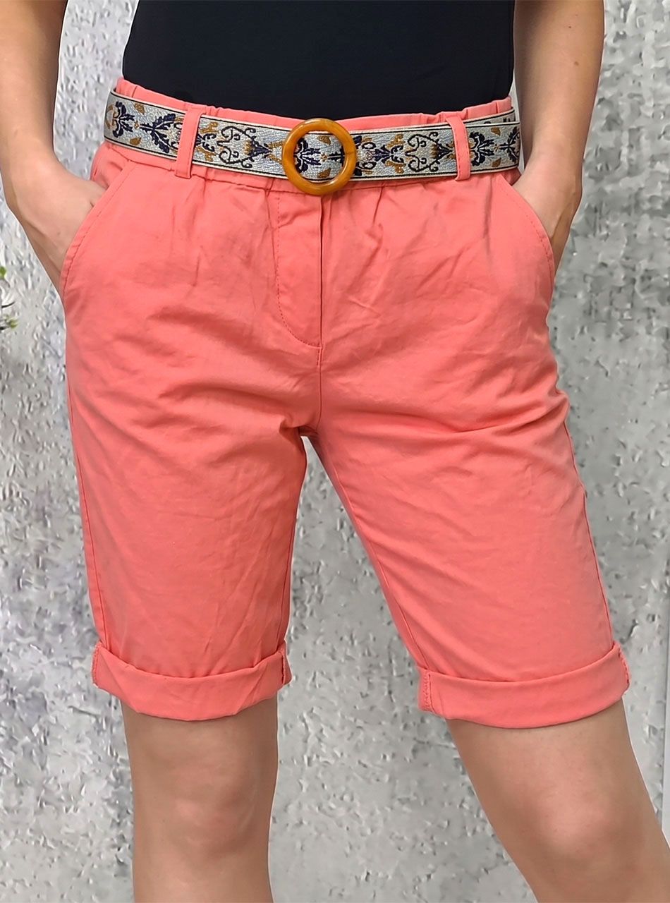 Gumis derekú, zsebes térdnadrág mintás övvel (korall)