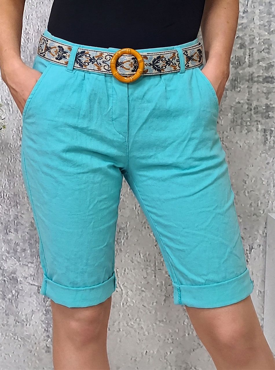 Gumis derekú, zsebes térdnadrág mintás övvel (türkizzöld)