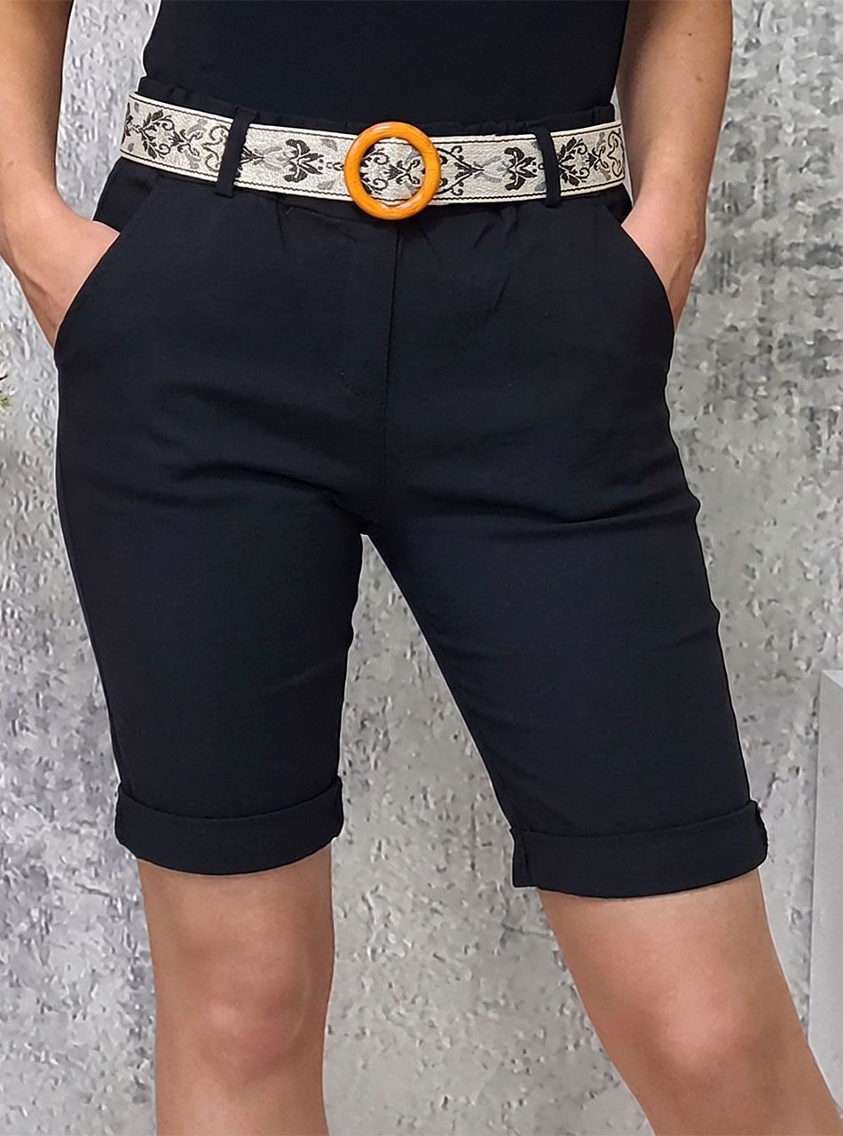 Gumis derekú, zsebes térdnadrág mintás övvel (fekete)