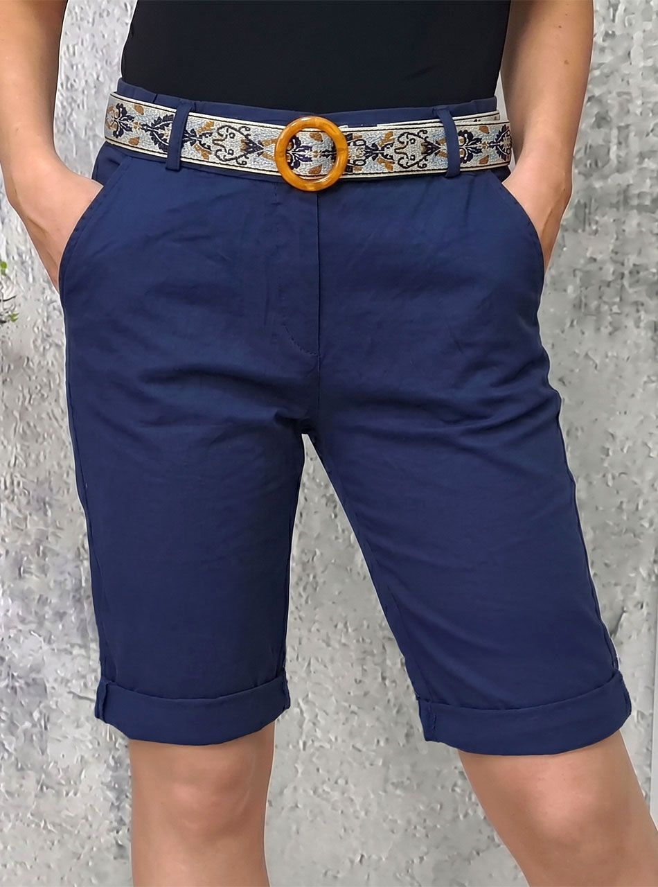 Gumis derekú, zsebes térdnadrág mintás övvel (sötétkék)