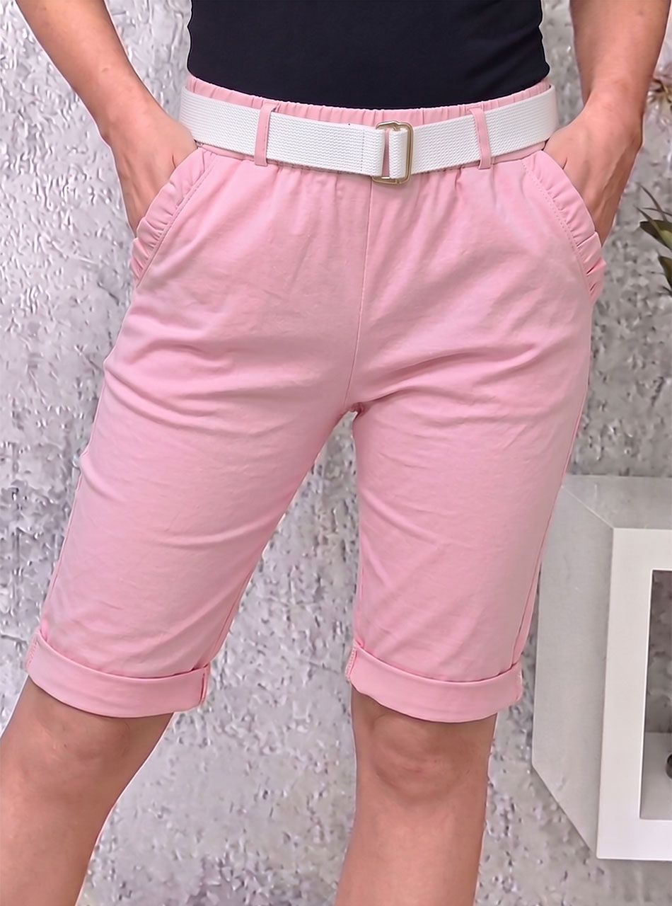 Zsebnél fodros, gumis derekú térdnadrág övvel (rózsaszín)