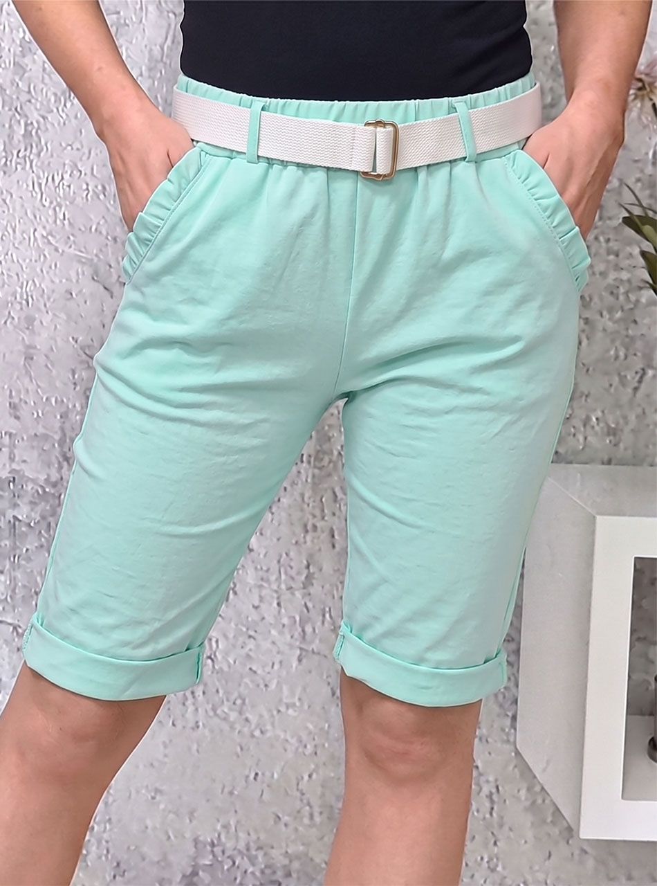 Zsebnél fodros, gumis derekú térdnadrág övvel (világoszöld)