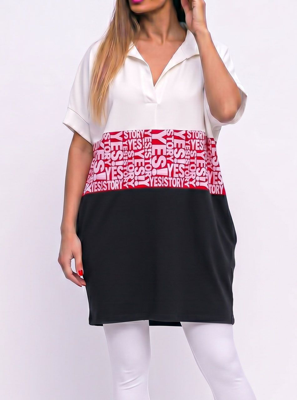 YesStory, galléros feliratos zsebes tunika (krémfehér-piros-fekete)