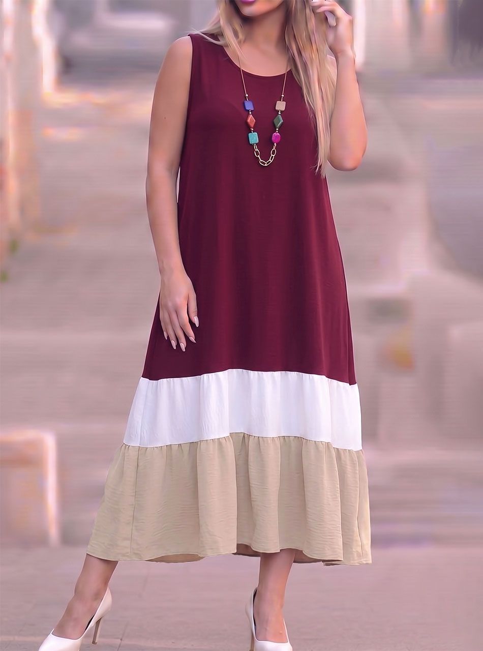 Katherine, három színű ruha nyaklánccal (bordó-fehér-bézs)