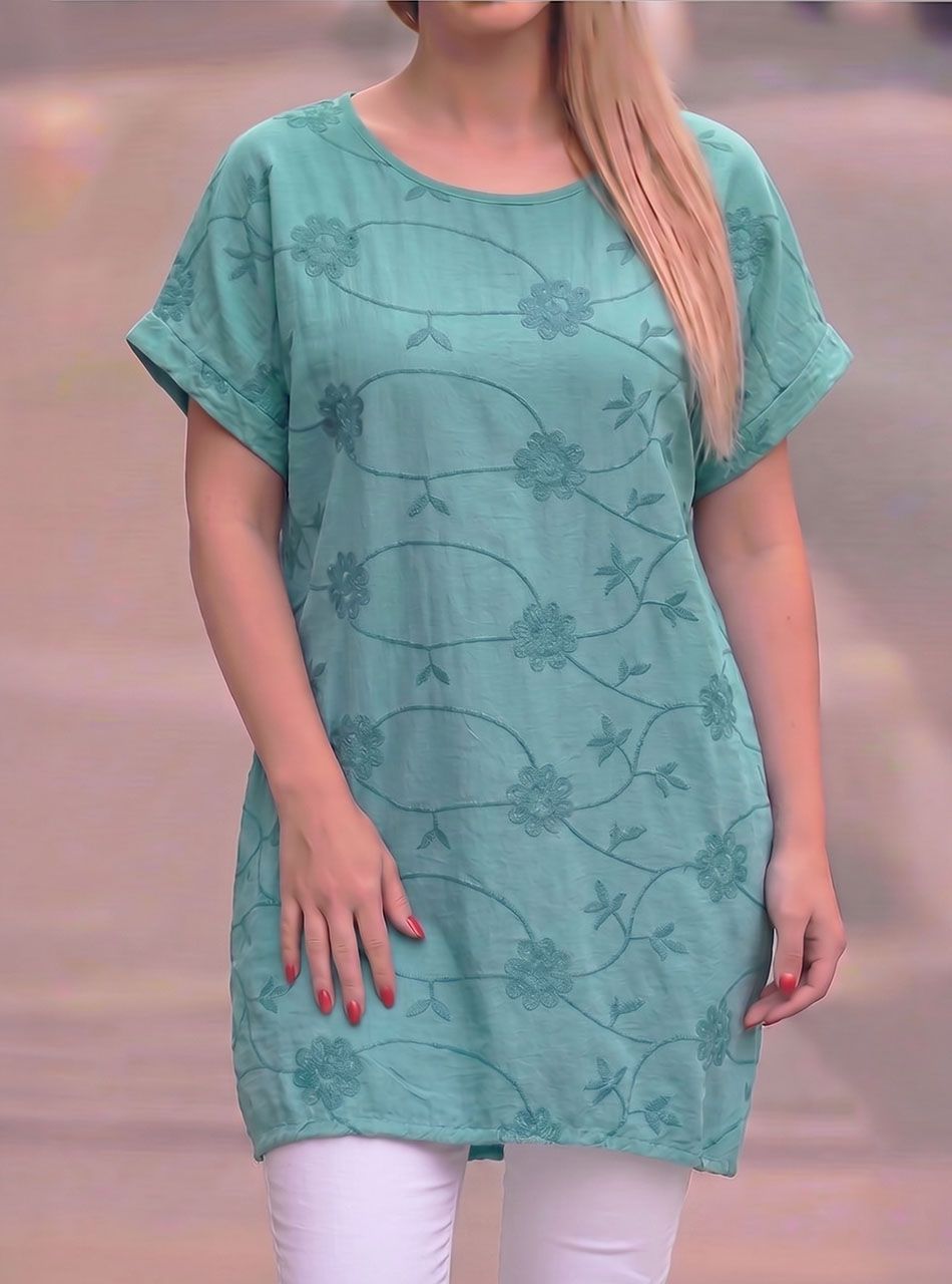 Hátul kötős, hímzett tunika (zöld)
