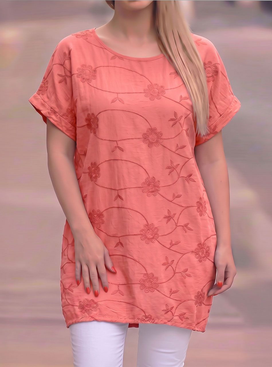Hátul kötős, hímzett tunika (korall)