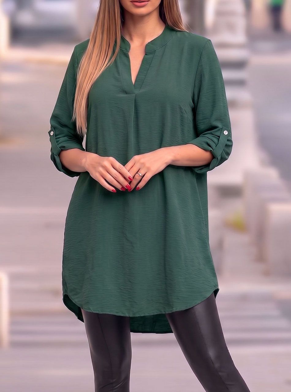 Grace, felgombolhaó ujjú V nyakú tunika (sötétzöld)