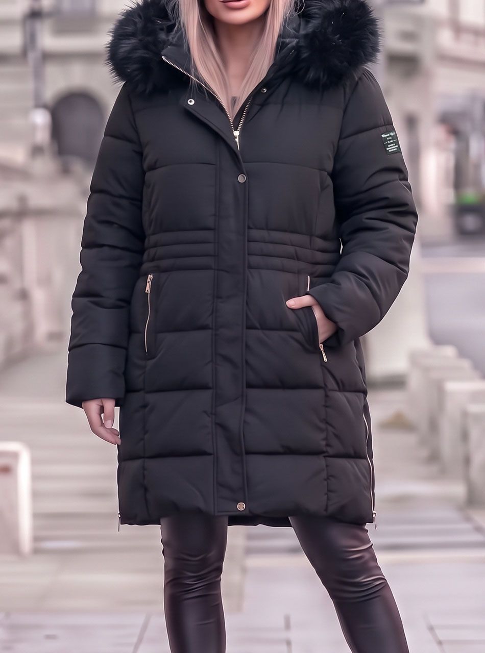 Szőrmés kapucnis, steppelt téli kabát -nagyobb méret- (fekete)